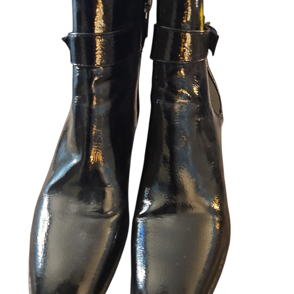 Bandolino Shiny Black Ankle Boots with Bow - Picture 2 of 5